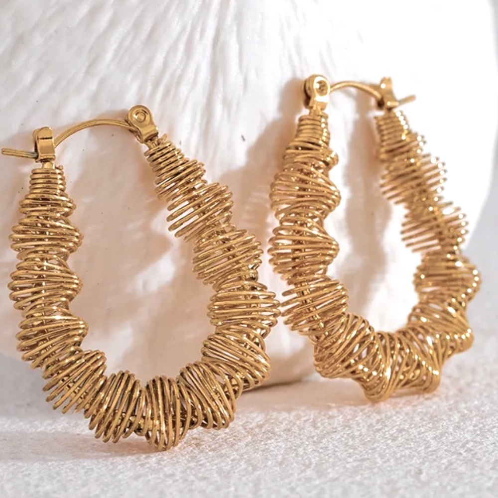New oval hoops Stainless Steel Metal Twisted Earrings Waterproof 18K PVD Plated - Picture 2 of 6